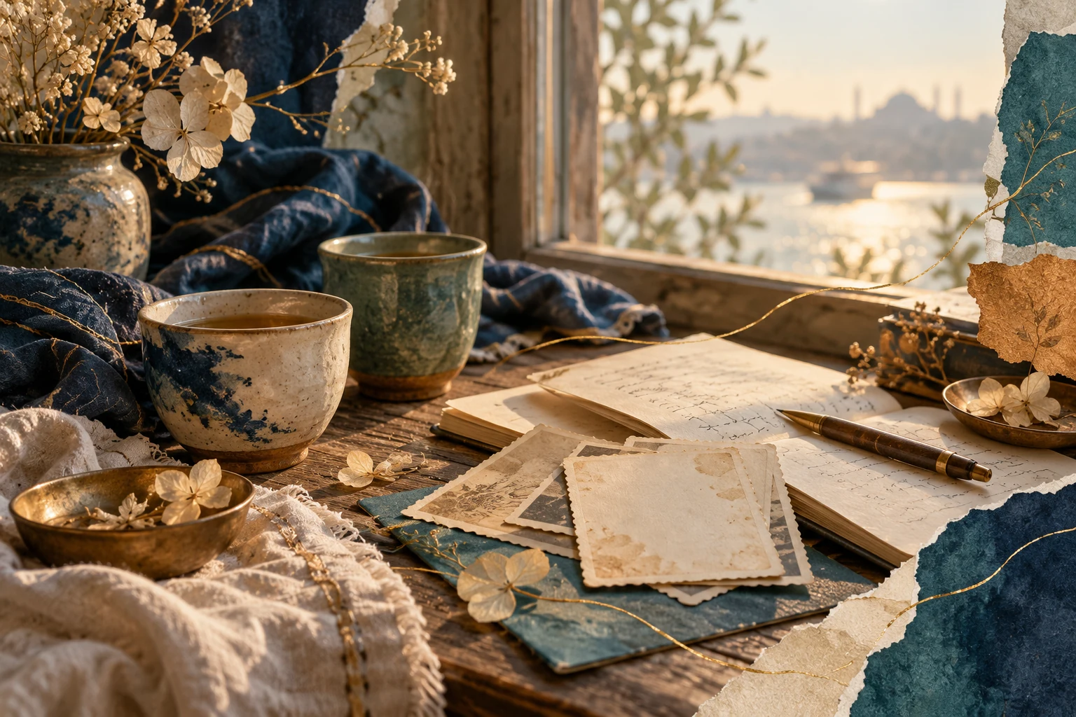 Illustration of two cups, photographs and a notebook beside a sunlit window, evoking memory and care.