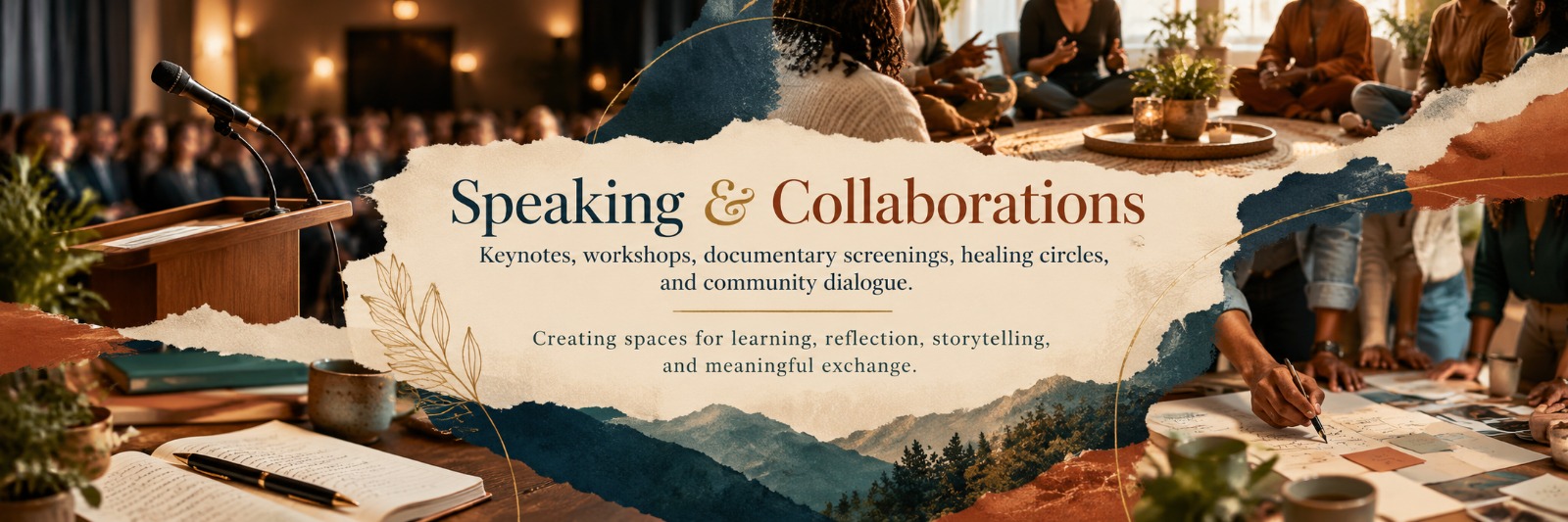 Speaking and Collaborations. Keynotes, workshops, documentary screenings, healing circles, and community dialogue. Creating spaces for learning, reflection, storytelling, and meaningful exchange.